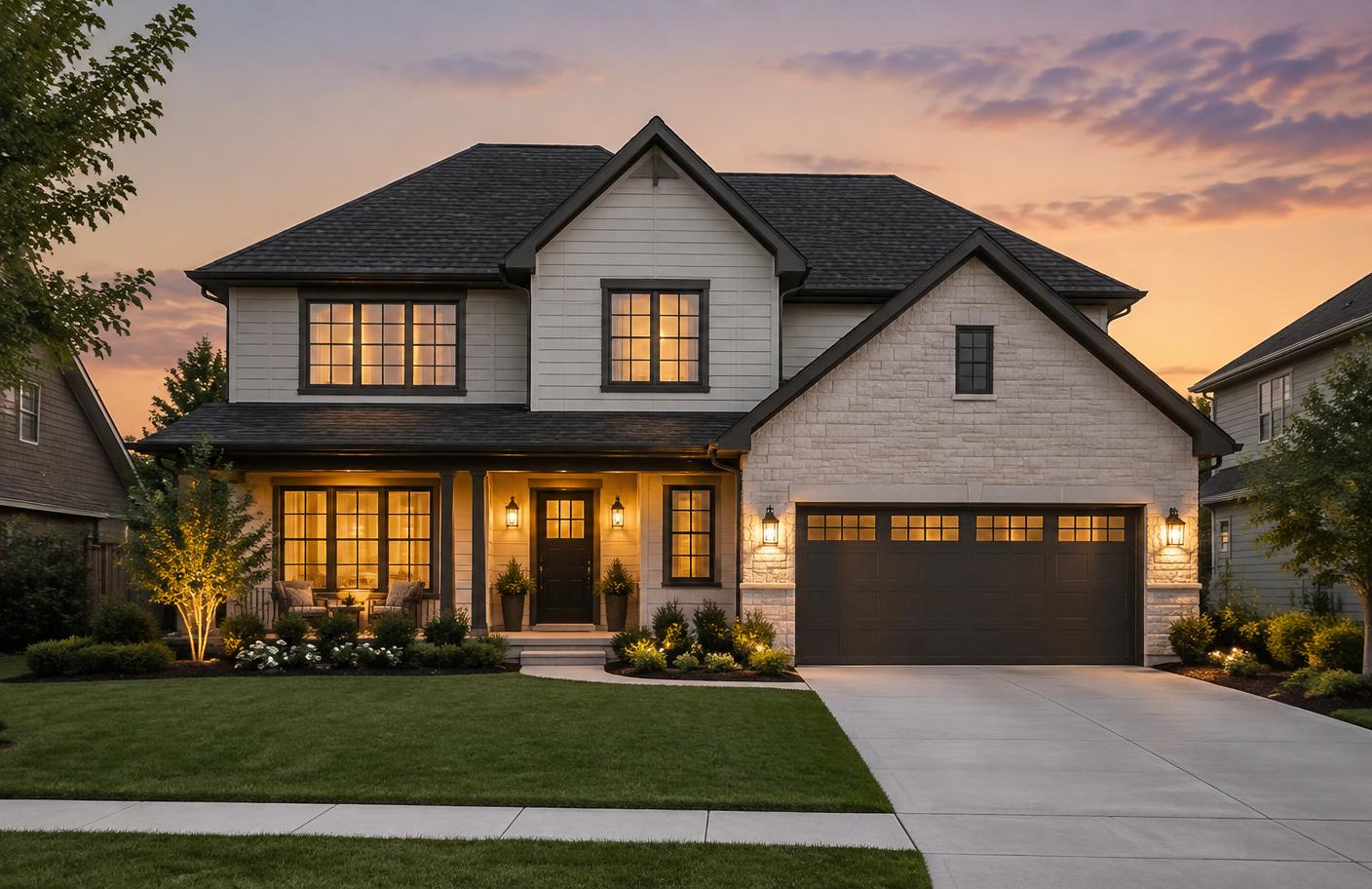 Family home with warm lights on in the windows at dusk